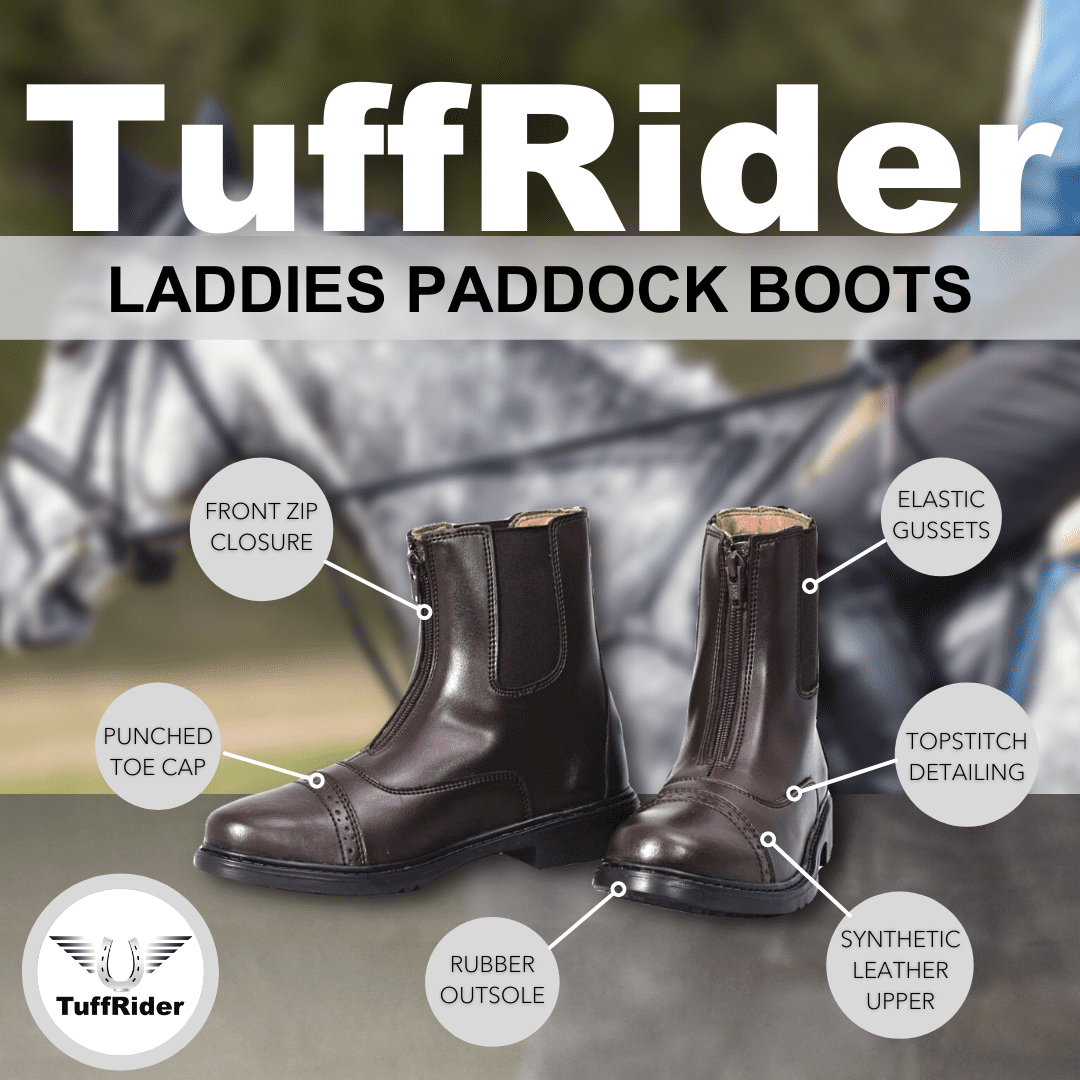 TuffRider Laddies Paddock Boots with features highlighted on a blurred equestrian background