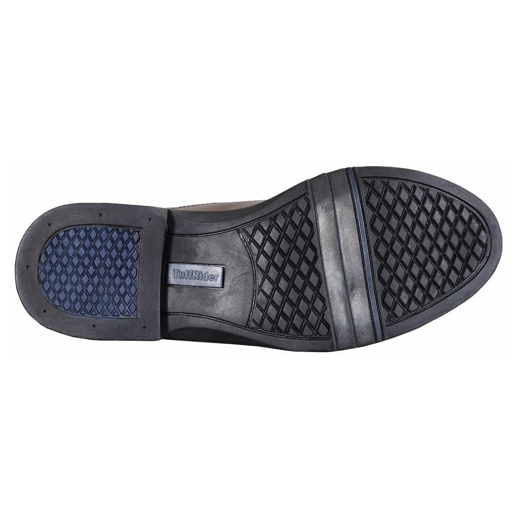 Black shoe sole with tread pattern and brand logo on a white background