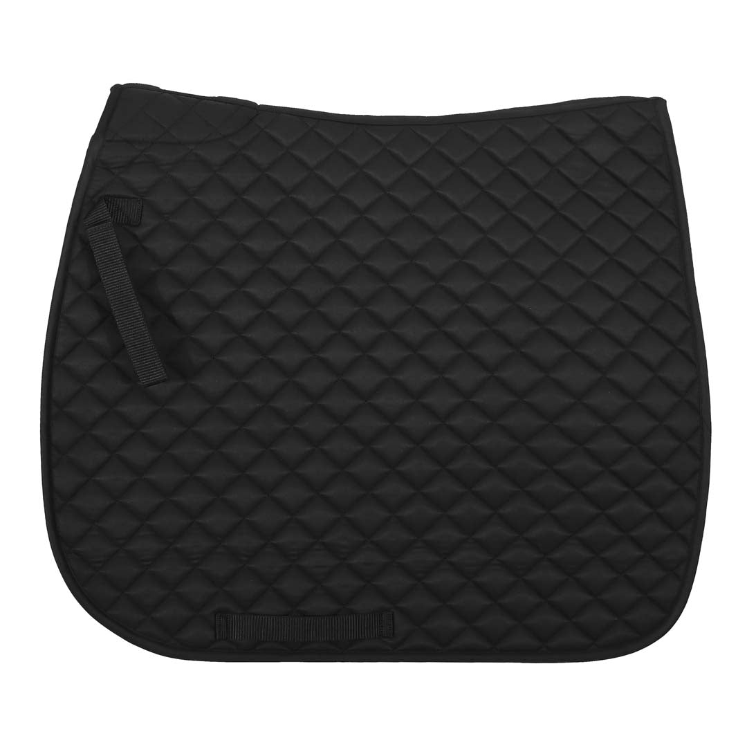 Black quilted saddle pad on a white background