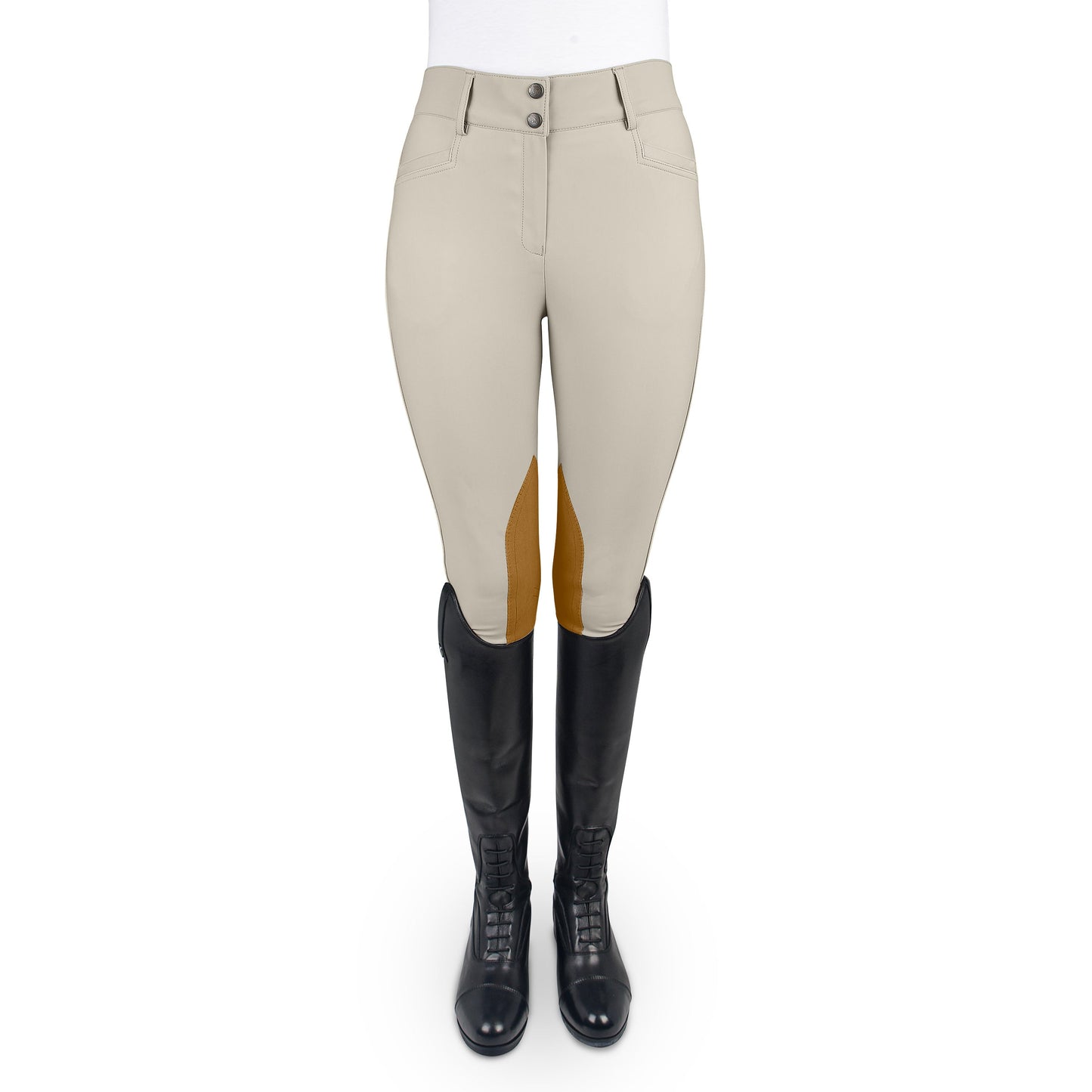 tan riding pants with brown patch