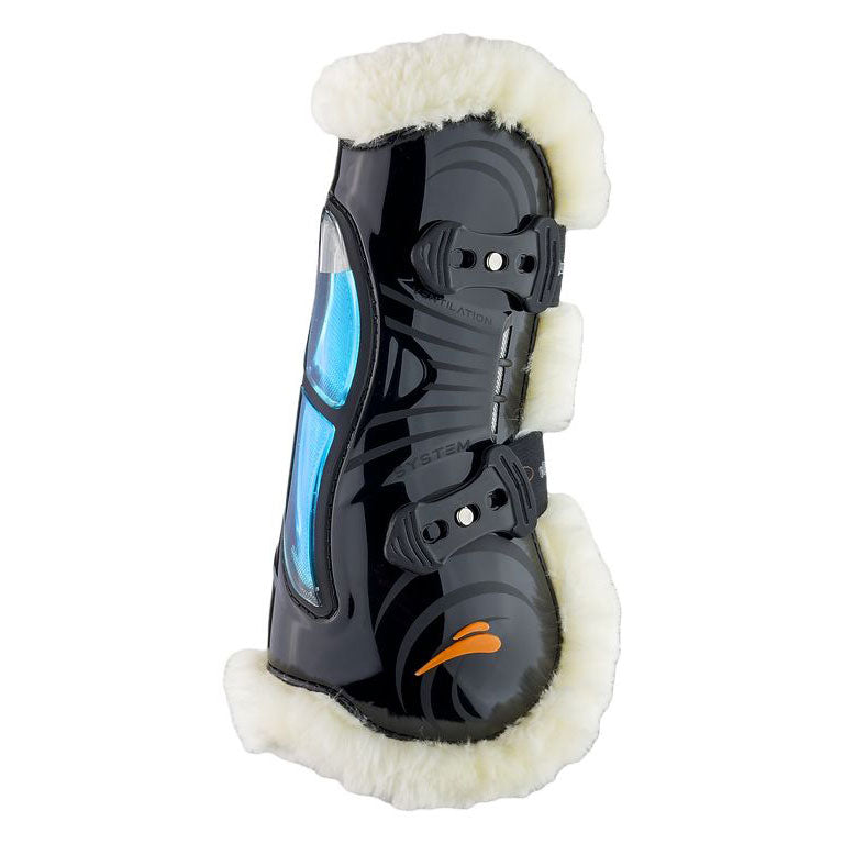 Black protective horse boot with white fur lining