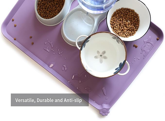 Hoki Found X-Large Silicone Pet Food Mats - Non-Slip Pet Dog Cat Bowl Placemats - Waterproof Food & Water Mats for Carpet - Amethyst