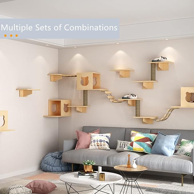Cat Wall Shelves and Furniture Set with Condos, Perches, Bridge Ladders, Sisal Scratching Posts - Steps and Houses for Cats (C)