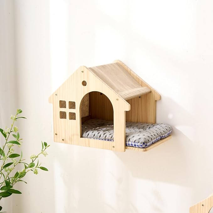 SHENGOCASE Natural Wood Cat Wall Shelves Bed, 2-Pack, Wall-Mounted Box House Perch, Cat Condo Furniture with Washable Pillow Cushions