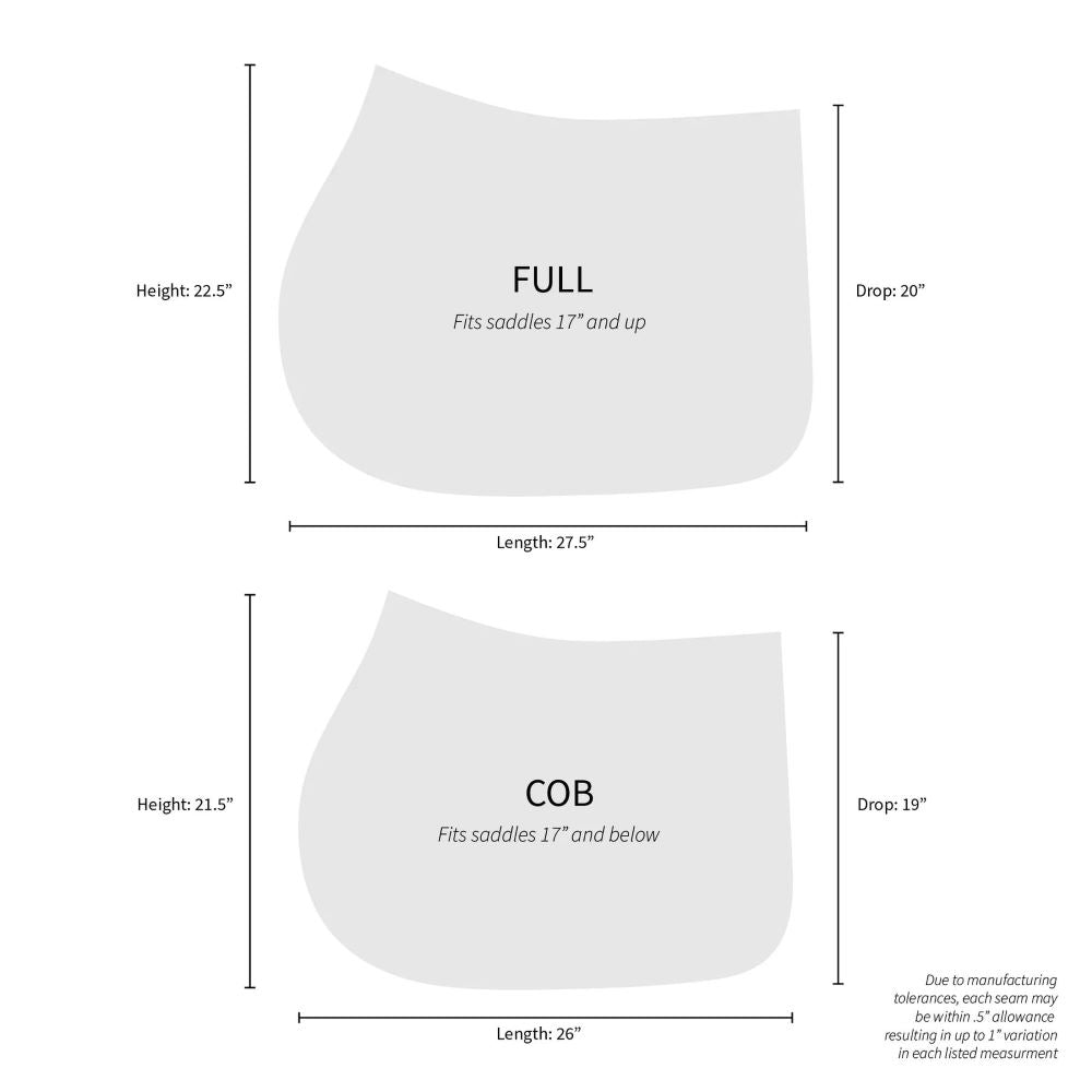 Measurement chart for full and cob saddle pads on a white background