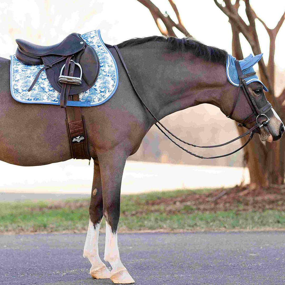 blue horse bonnet with printed flap