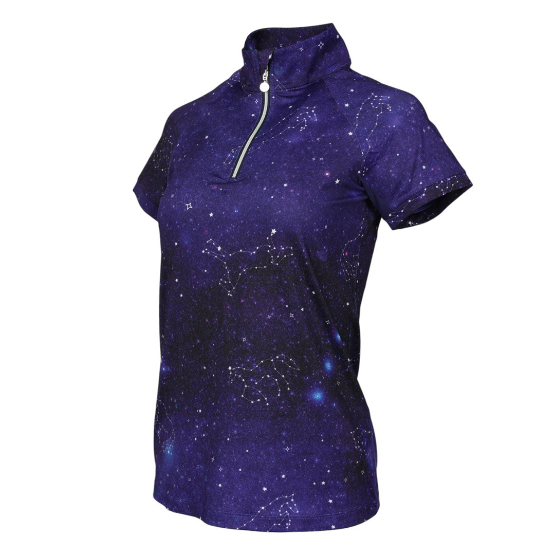 purple patterned short sleeve riding shirt