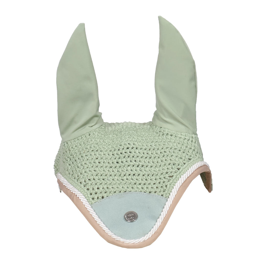 Light green crochet equestrian hood with ear flaps on a white background