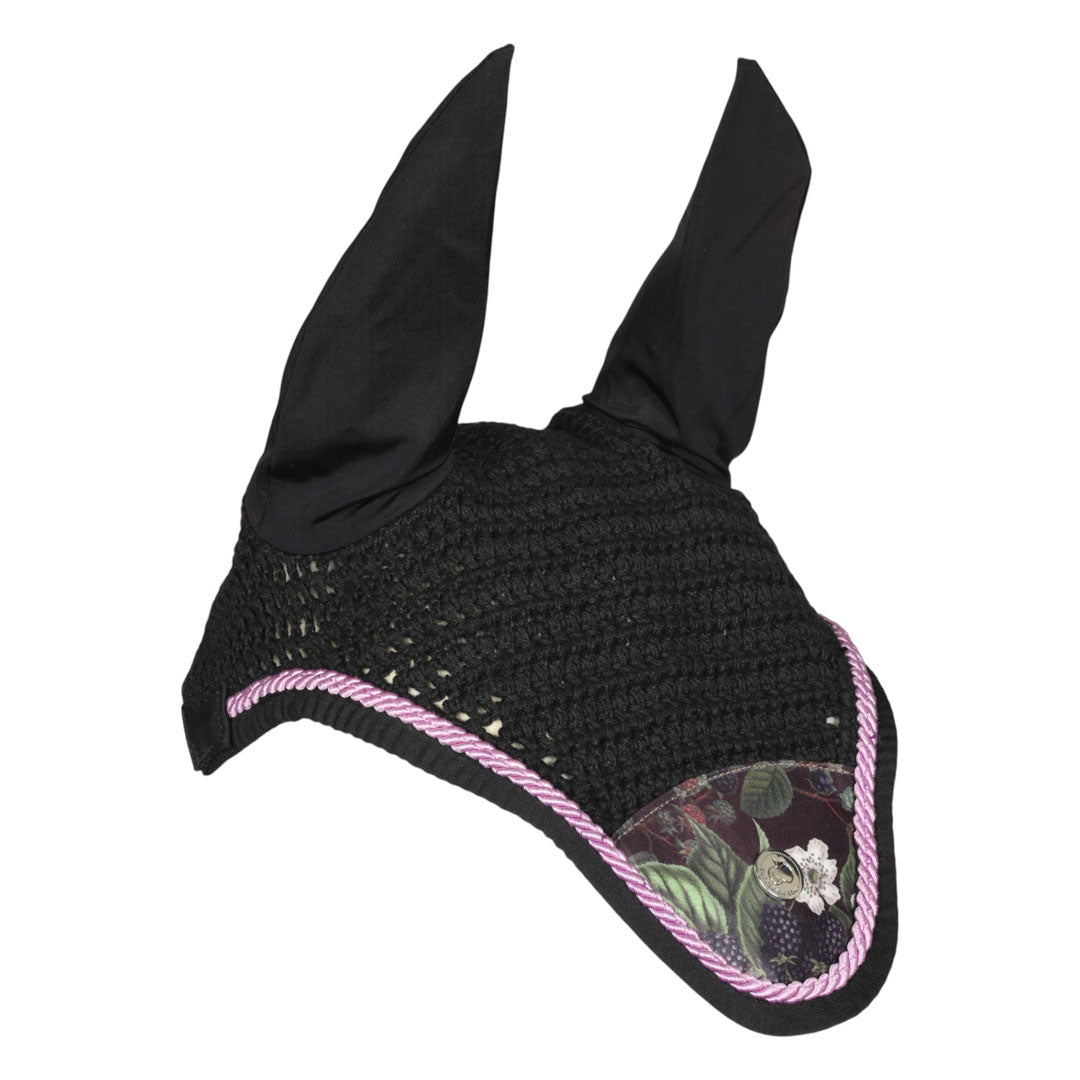 Black horse ear bonnet with floral patterned flap
