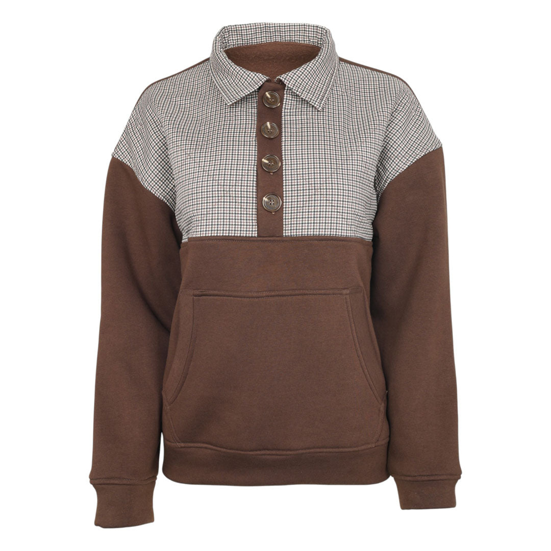 Brown and plaid long-sleeve shirt with button details on a white background