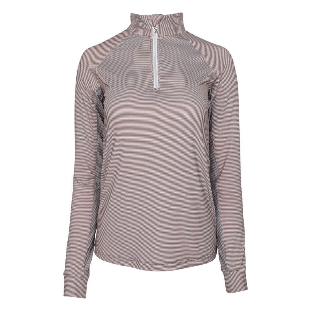 Brown long-sleeve athletic top with a quarter zip on a white background