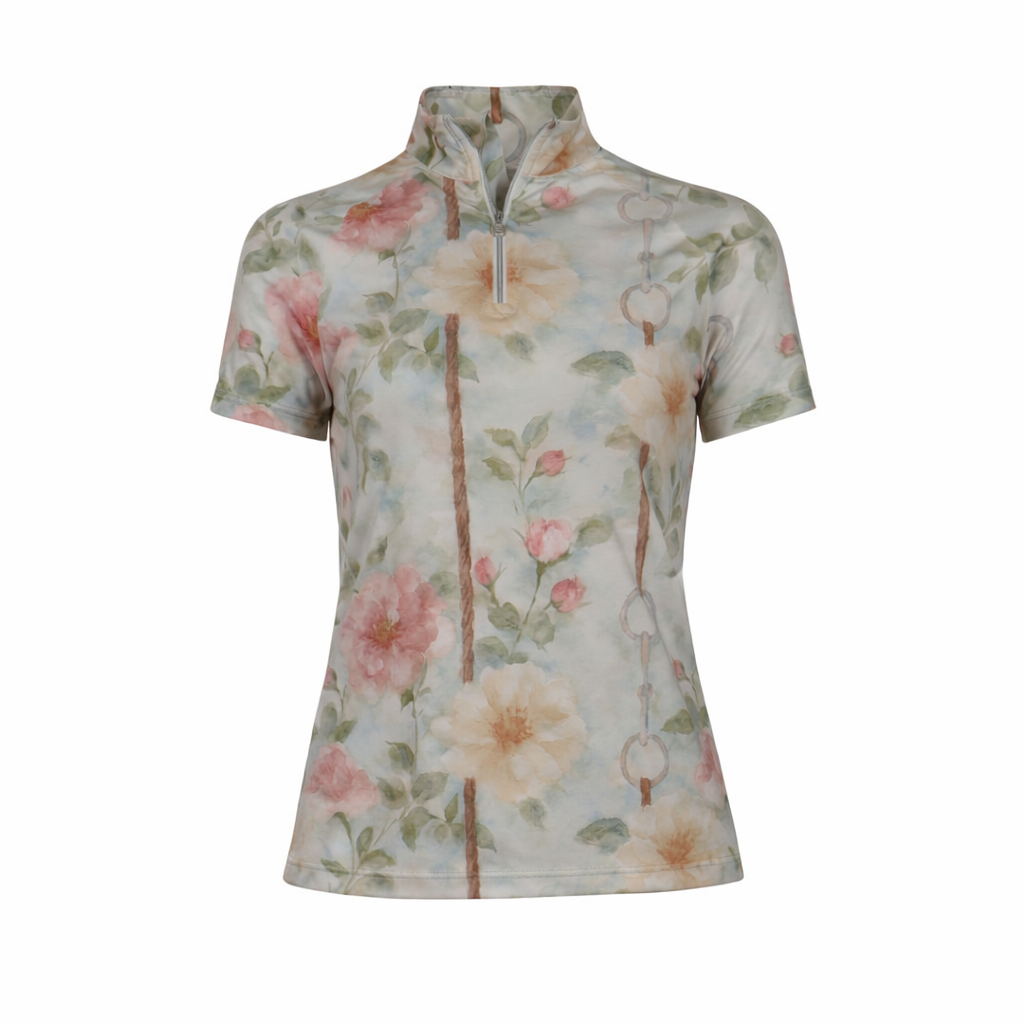 short sleeve floral quarter zip riding top