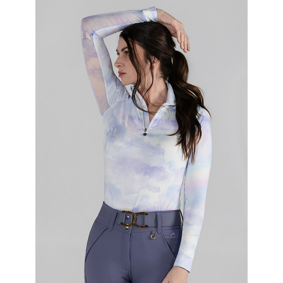 patterned blue and purple long sleeve riding top