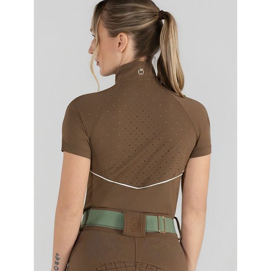 brown short sleeve riding top with white accents