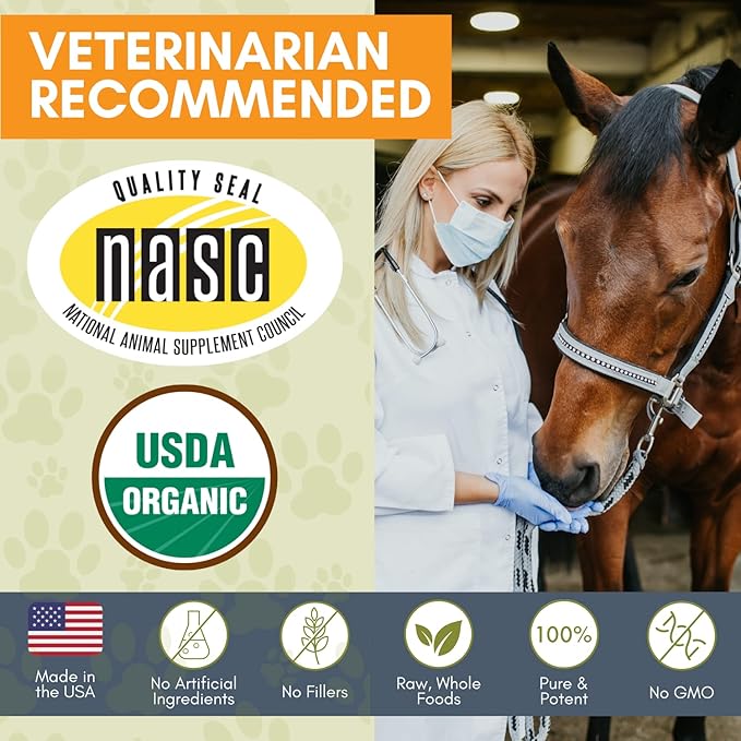 Vet with horse and MASC, USDA Organic, and quality seal logos on a green background