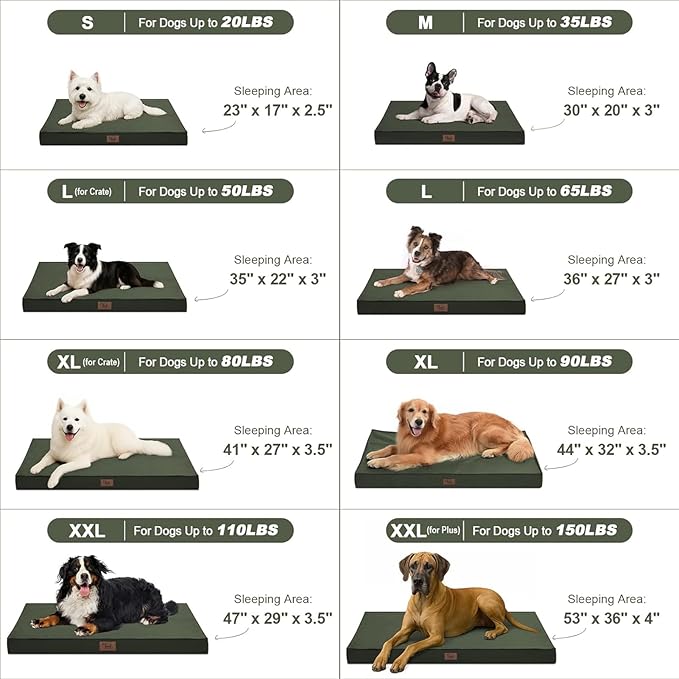 Outdoor All Weather Large Dog Bed, Waterproof Dog Bed for Large Dogs, Orthopedic Egg Foam Pet Bed with Washable and Removable Oxford Cooling Cover, Dark Green