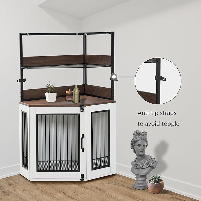MCombo Small Corner Dog Crate Furniture with Glass Shelves, Wooden Dog Kennel Furniture with Door, Pet Crate Indoor Use, CN17 (White and Brown)