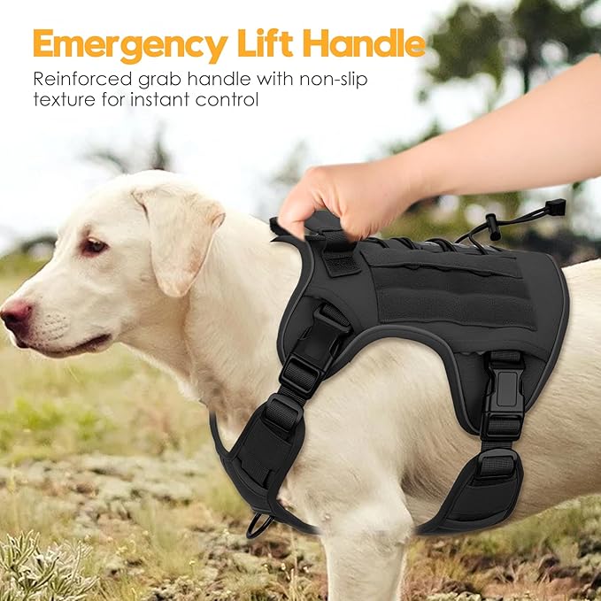 Heavy-Duty Tactical Dog Harness for Large Dogs, No Pull Adjustable Reflective Pet Vest with Molle System, K9 Military-Grade Control for Service Training, Outdoor & 10+ Breeds, Black, Large