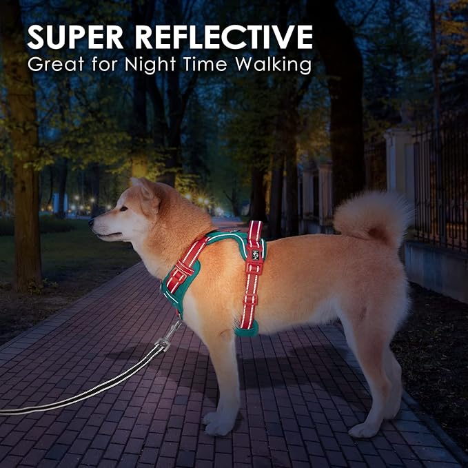 PHOEPET No Pull Dog Harness, Unique Colors Reflective Adjustable Dog Vest, with Soft Training Handle Metal Clips for Small Medium Large Dogs (Dark Green Base & Red Straps,L)
