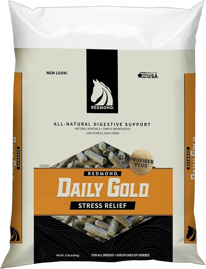 Bag of Redmond Daily Gold Stress Relief for horses with branding and product details.