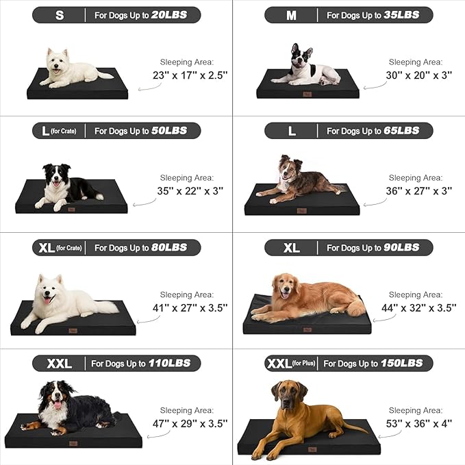 Outdoor Extra Large Dog Crate Bed, Big Waterproof Dog Bed for Large Dogs, Orthopedic Egg Foam Pet Bed Mat with Removable Cooling Cover, Black