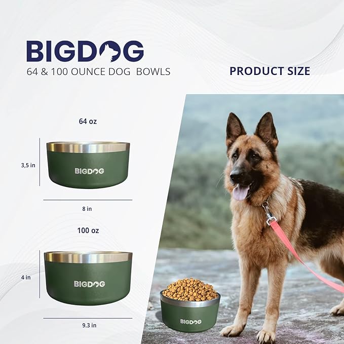 BigDog Dog Bowls, Dog Bowls for Large Dogs, Stainless Steel Dog Bowls, No Spill Dog Bowls, Dog Food and Water Bowl (100 Ounce, Pink)