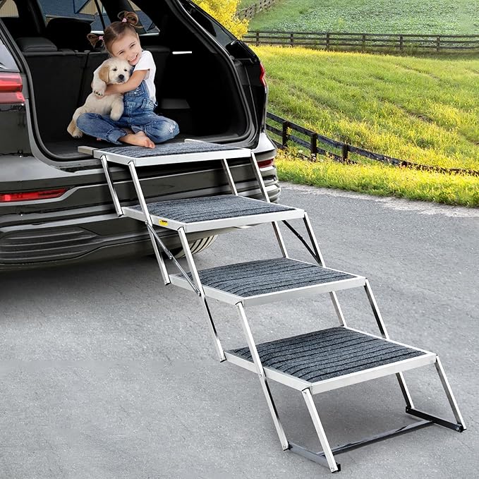 Dog Stairs for Car, Extra Wide Stairs for Large Dogs, Pet Steps Aluminum Foldable Dog Steps for Cars and SUV, High Beds, Trucks, Supports up to 200 lbs (Extra Wide-4 Steps)