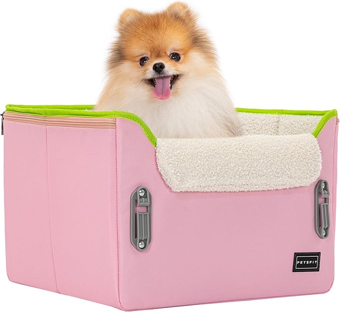 PETSFIT Small Dog Car Seat, Patent Safe Buckles Dog Booster Car Seat, Cat Car Seat with Safety Belt, Suitable for Small Pets Up to 25lbs (Pink)