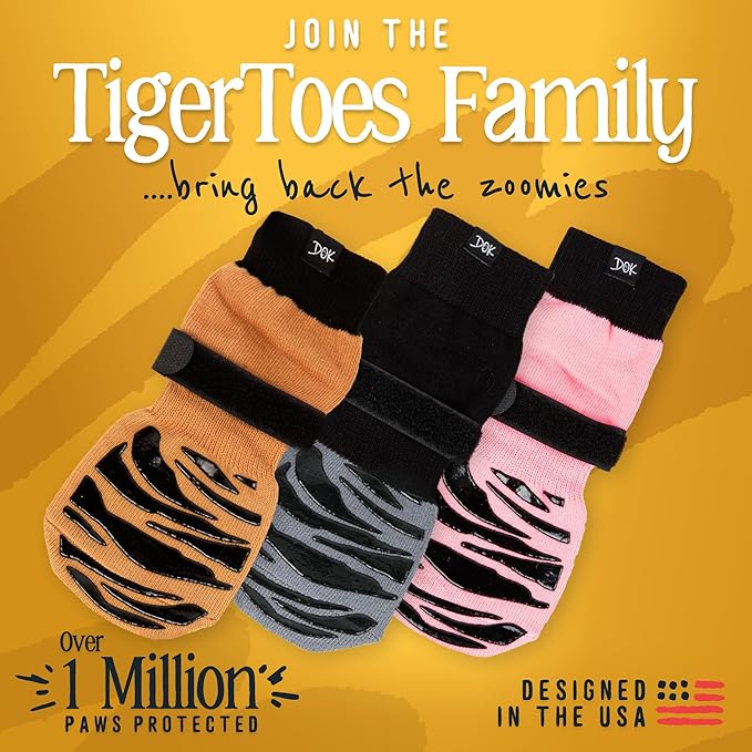 DOK TigerToes Premium Non-Slip Dog Socks for Hardwood Floors - Extra-Thick Grip That Works Even When Twisted - Prevents Licking, Slipping, and Great for Dog Paw Protection (XXS)