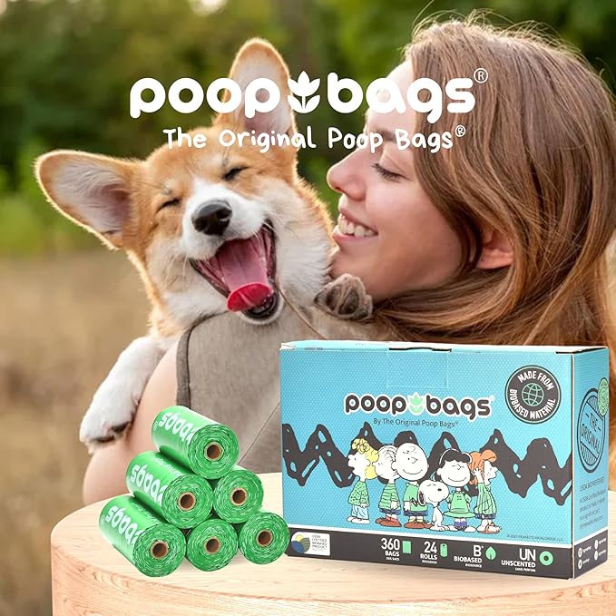 The Original Poop Bags® 38% USDA Biobased Pet Waste Bags, Peanuts Design, Leak-Resistant & Durable, Black/Green, 360 Count