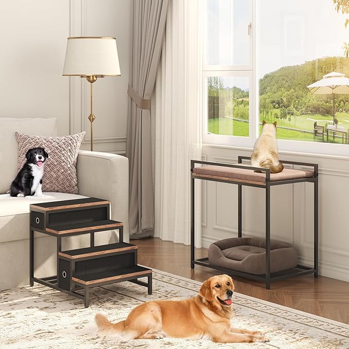 Pet Bunk Bed with Removable Stairs and 2 Drawers, Dogs/Cats Window Perch, Dog Window Seat with Soft Cushion, Ultra-Shallow Steps, Sturdy Metal Frame, Non-Slip