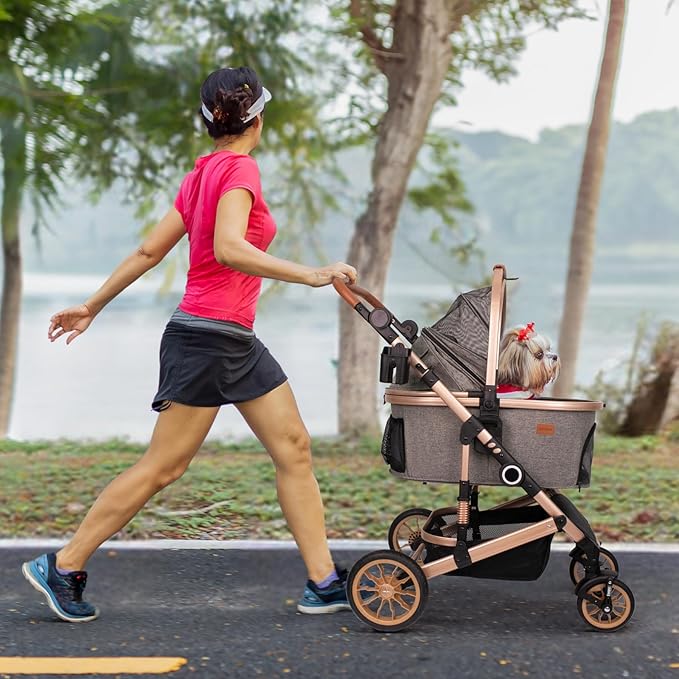 Pet Stroller with 4 Wheels, Foldable Pet Travel Carrier for Small/Medium Dogs Cats up to 50lbs, Detachble Portable Pet Bag, Storage Basket, Car Seat 3 in 1 Multifunctional (Tan)