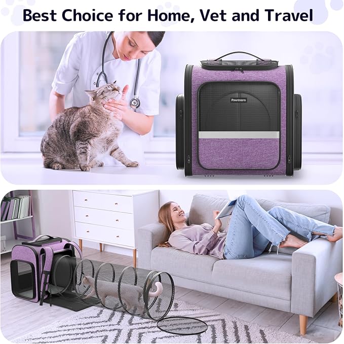 Pawtners Cat Carrier Backpacks Expandable Cat Backpack with Breathable Mesh, Pet Carrier Backpack for Cats Small Dogs Puppies Up to 18 Lbs, Dog Carrier Backpack for Travel Hiking Camping Outdoor