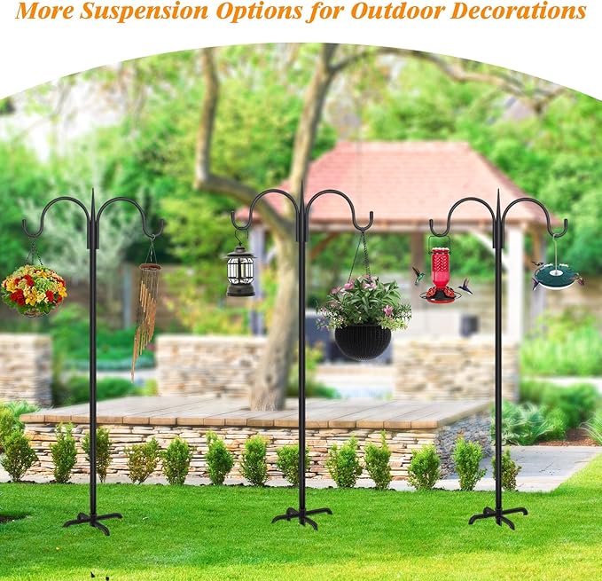 FEED GARDEN Adjustable Double Shepherds Hook for Outdoor with 5 Prong Base 63 Inch Heavy Duty Two Sided Bird Feeder Pole for Hanging Plant Baskets, Solar Light Lanterns, Wind Chimes