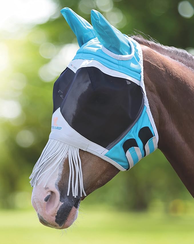 Shires Fine Mesh Horse Equine Fly Mask with Ears and Nose Fringe 60 in Teal, Small Pony