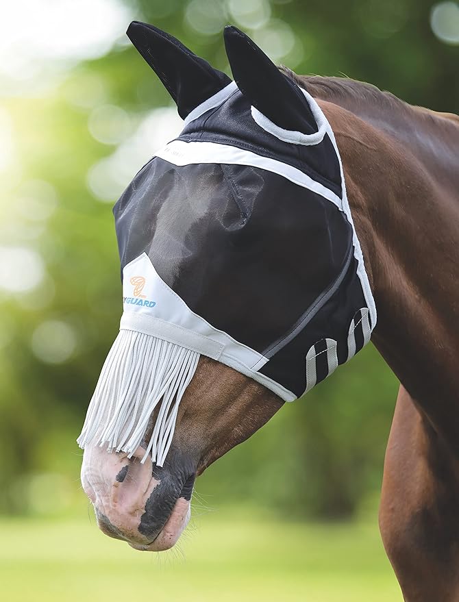 Shires Fine Mesh Horse Equine Fly Mask with Ears and Nose Fringe 60 in Black, Pony
