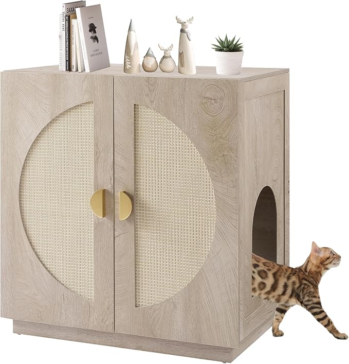 unipaws Cat Litter Box Enclosure with Shelves, Tall Hidden Litter Box Cover for Tall or Top Entry Litter Box, Kitty Enclosed Litter Box Cabinet, Cat Box Furniture, Grey