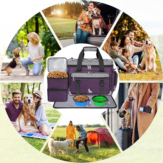 IGOLUMON Dog Travel Bag Large Pet Travel Bags Set for Supplies Weekend Dog Travel Kit Tote Organizer Multi-Pockets Dog Food Travel Bag with 2 Large Food Containers, 2 Dog Bowls, 1 Feeding Mat, Purple