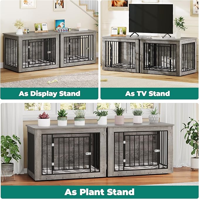 YITAHOME 76 Inch Double Dog Crate Furniture, XXL Dog Crate Furniture for 2 Dogs, Side End Table, Waterproof Top, Safety Corners, 2-in-1 Iron-Wood Fusion Dog Kennel Furniture for 2 Large Dogs,Greige