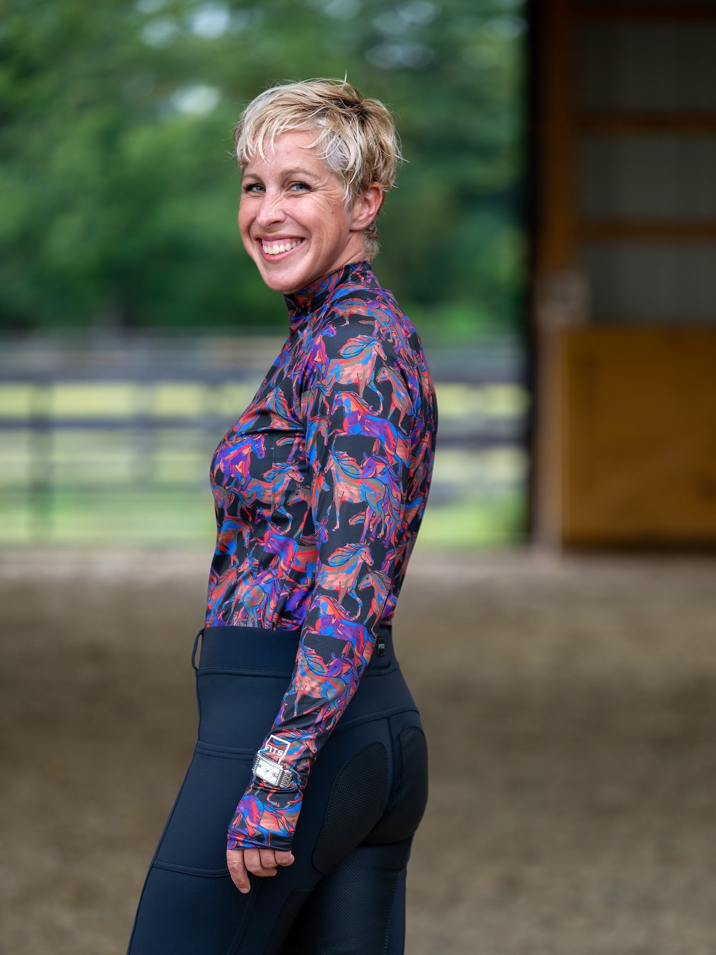 patterned long sleeve mock neck riding shirt