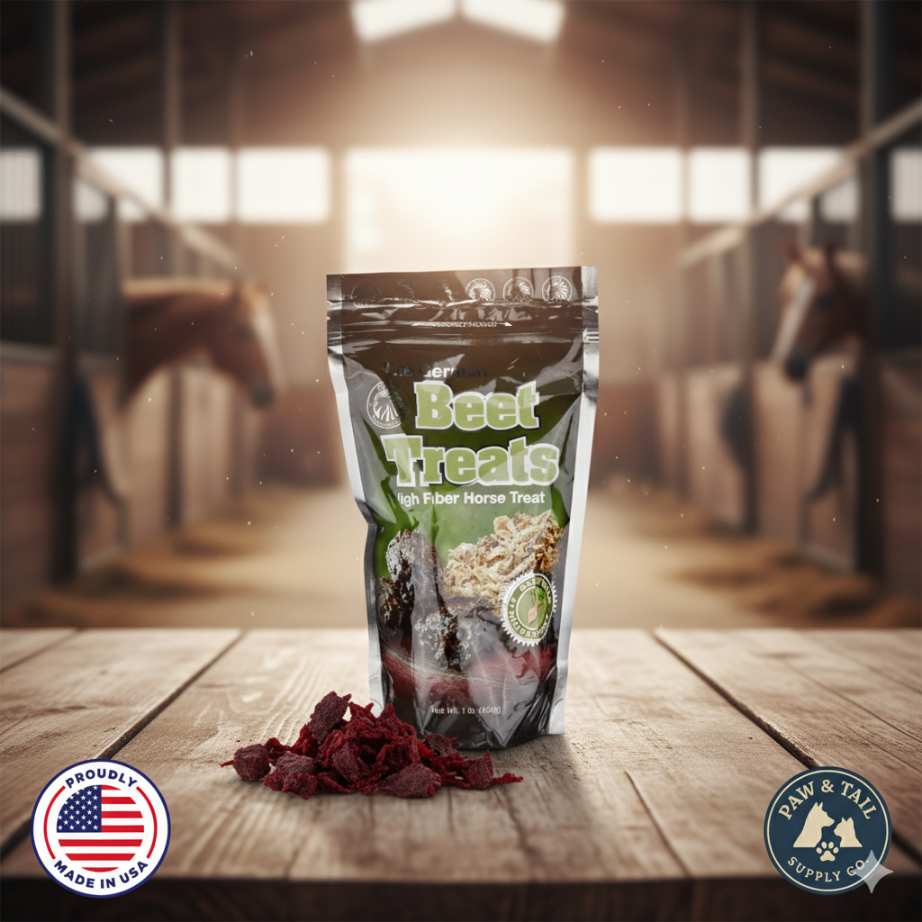 Bag of 'Beef Treats with Fiber' horse treats on a wooden surface with horses in the background.