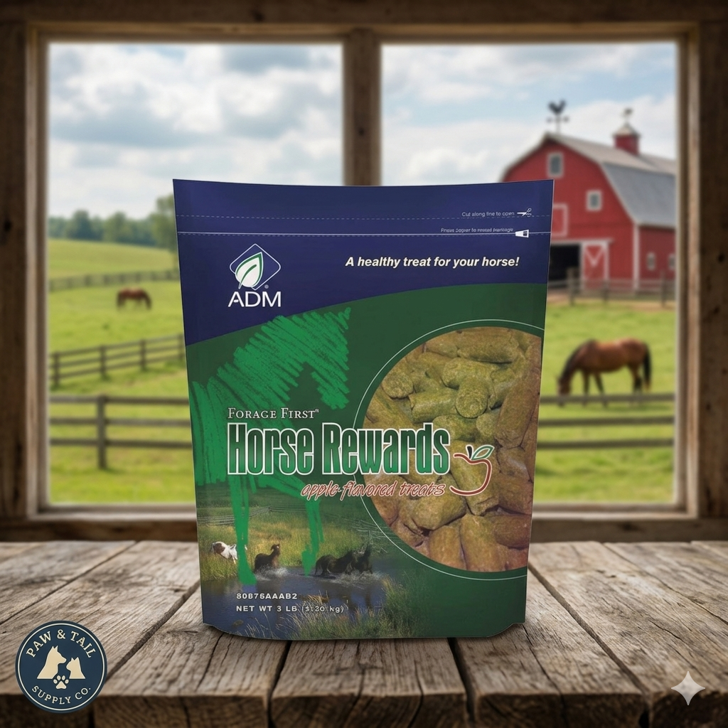 Bag of ADM Horse Rewards treats on a wooden surface with a barn and horses in the background