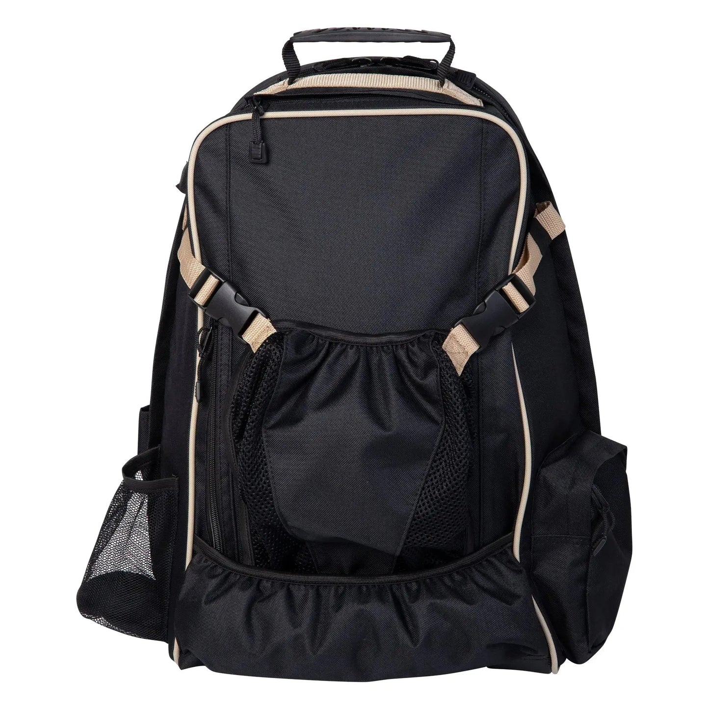 Black backpack with beige accents on a white background
