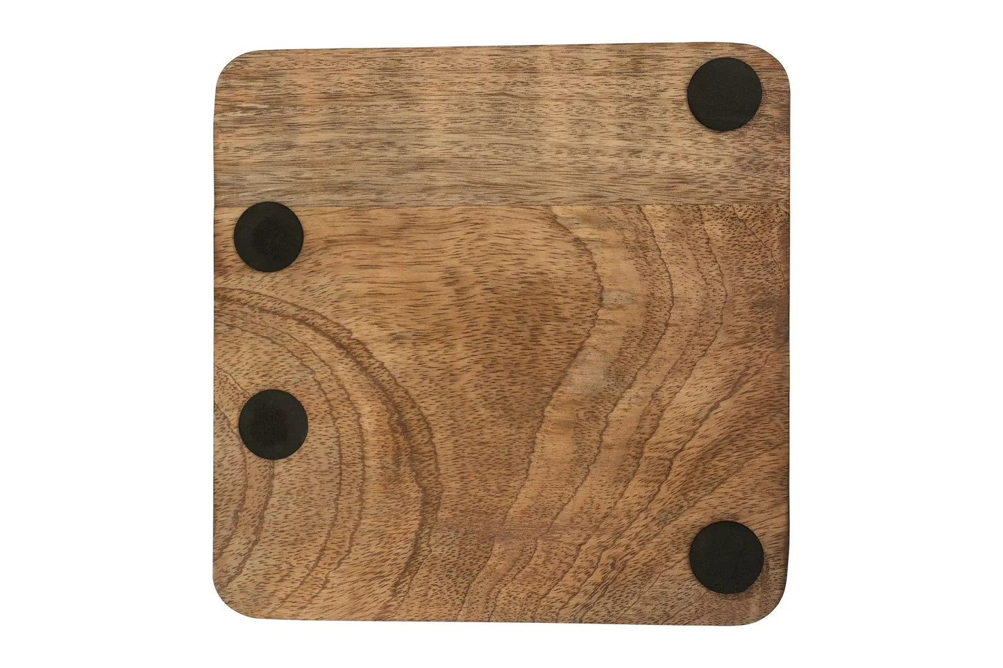 Wooden tray with a brass horse bit design on a white background