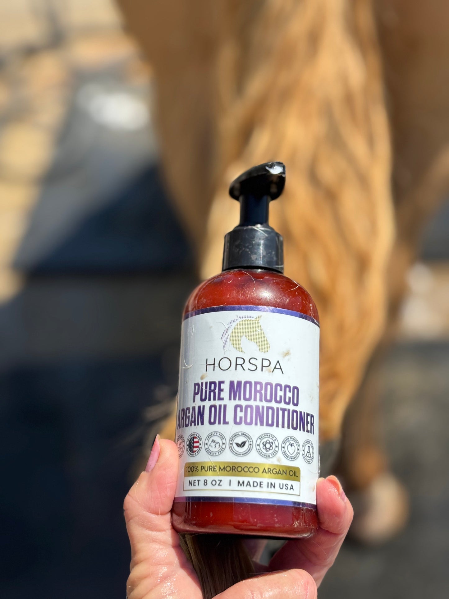 Hand holding a bottle of Horspa Pure Morocco Argan Oil Conditioner with a horse in the background.