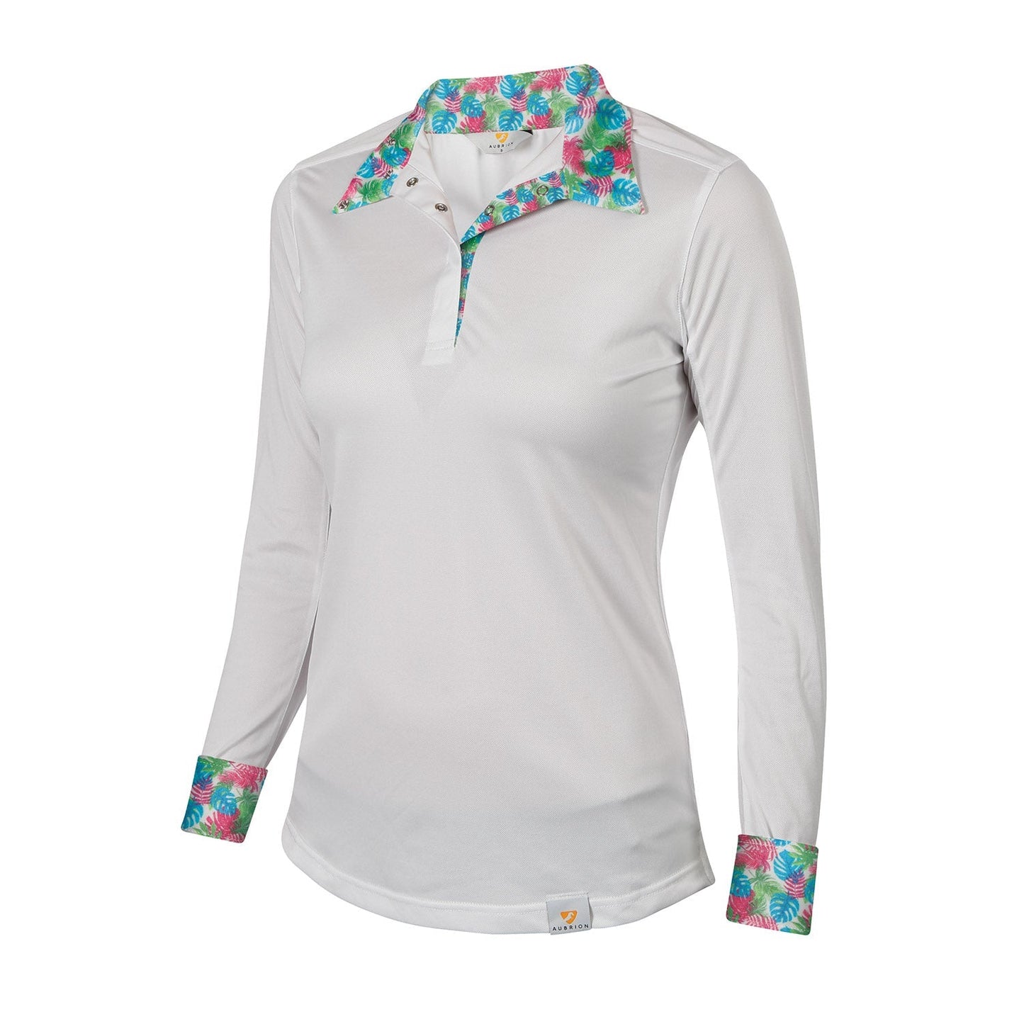 White long-sleeve shirt with colorful floral collar and cuffs