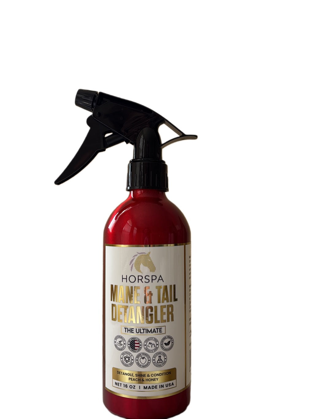 Red spray bottle labeled 'Horspa Mane & Tail Detangler' on a white background