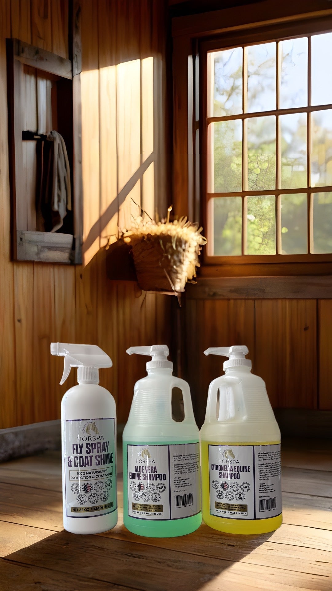 bottles of Horspa grooming products