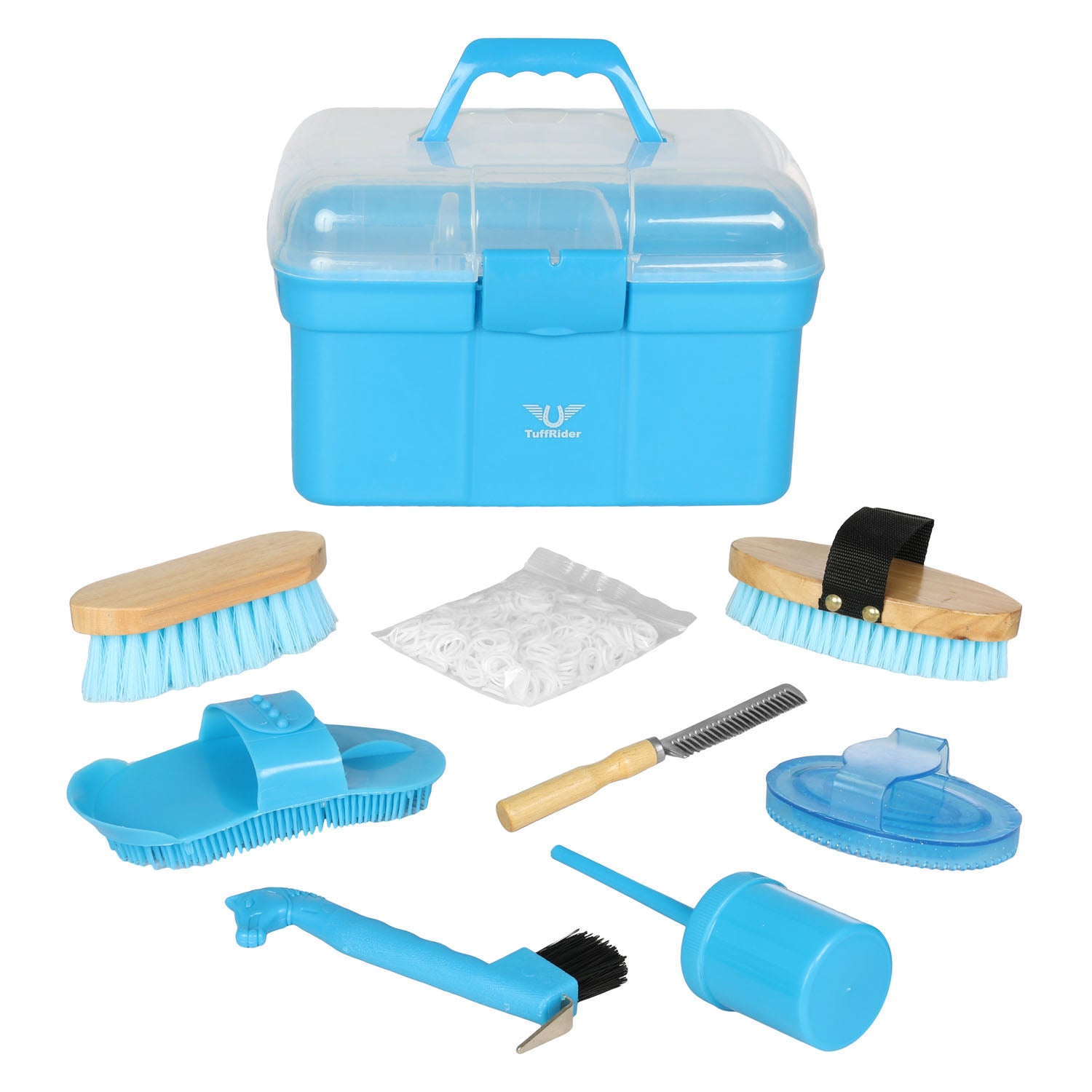Blue grooming tool set with various brushes and tools on a white background