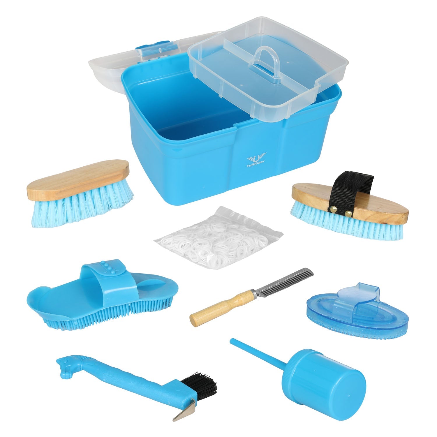 Set of cleaning tools with a blue container on a white background